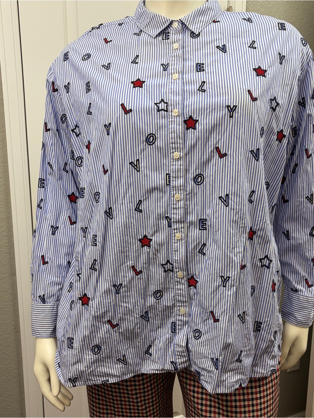 Boden Lovely Embroidered Stripe Button Down Shirt 100% Cotton Blue White US 18